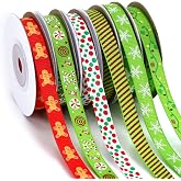 DECYOOL 6 Rolls 60 Yards Christmas Ribbon, Holiday Gift Wrapping Ribbons | 3/8" Christmas Grosgrain Ribbon, With Snowflake Gingerbread Patterns, Xmas Tree Ornaments Wreaths Bows Craft Supplies