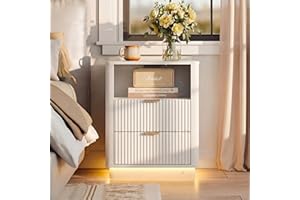BONITURE Fluted Nightstand, Curved Night Stand with Charging Station Lighting, Wood Side Table with 2 Drawers, Modern End Tab
