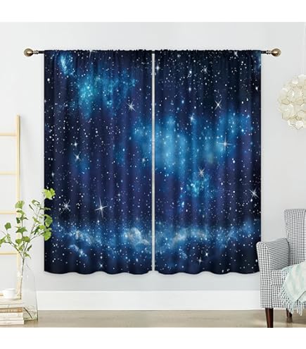 Czrouz Night Sky Blackout Curtains For Girls Boy Home Decor, Dark Blue Cosmic Nebula Sparkly Stars Grommet Thermal Insulated Drapes Darkening Window Curtain For Bedroom Living Room, 72 X 63 Inch