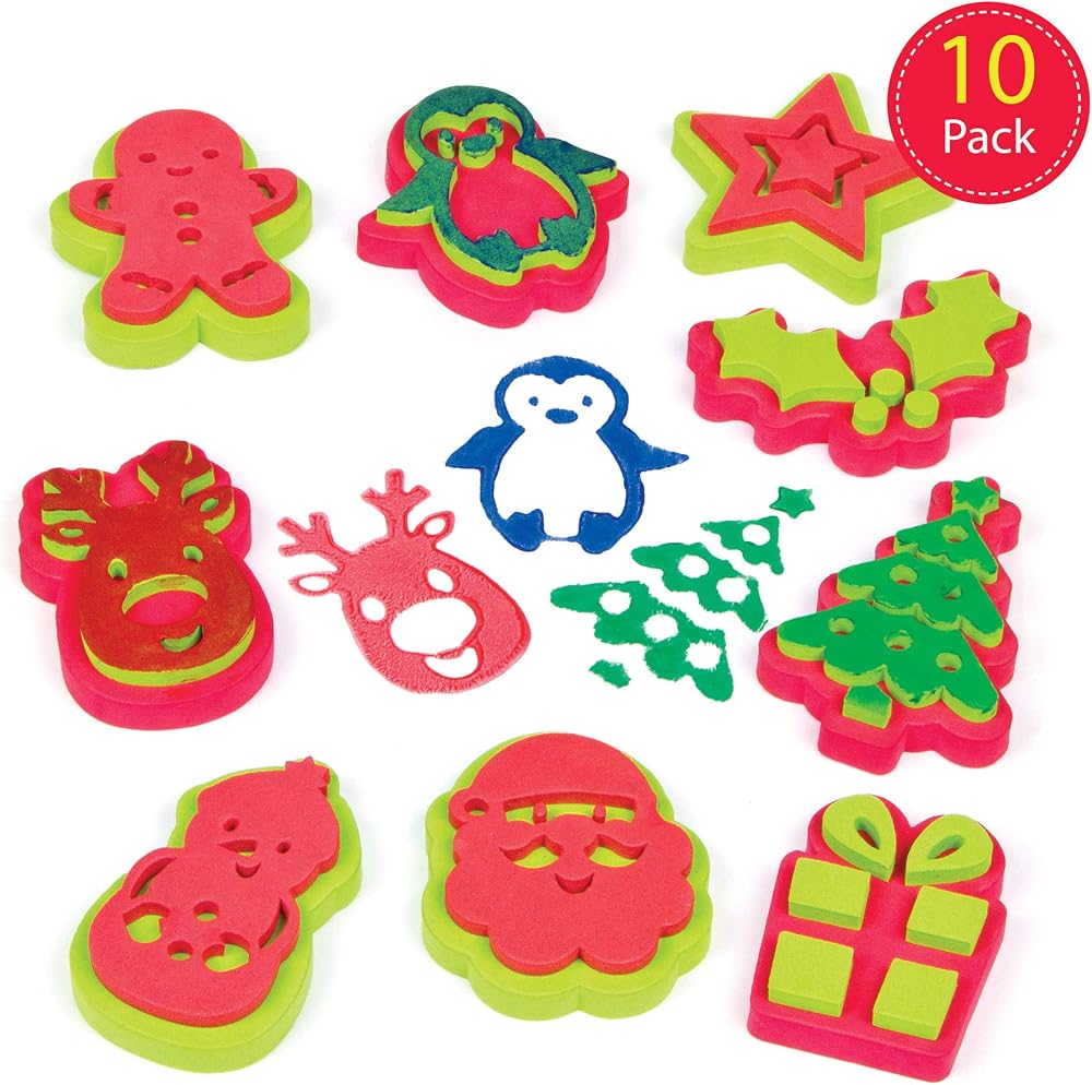 Baker Ross AF808 Christmas Stampers 10 Pack Kids Arts Crafts Foam Easy Hold