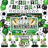 Soccer Birthday Party Decorations Includes Banner, Backdrop, Foil & Latex Balloons, Cake & Cupcake Toppers, Honeycomb Centerpieces for Boy Soccer Themed Party Decorations