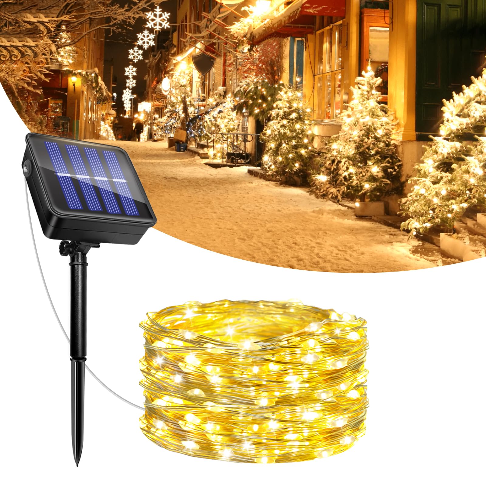 1 Pack Solar String Lights Outdoor, 5M/16.4Ft 50 LED Solar Powered Fairy Lights Waterproof, 8 Modes Copper Wire Decorative Lights for Garden, Patio, Yard, Party, Wedding, Christmas Tree (Warm White)