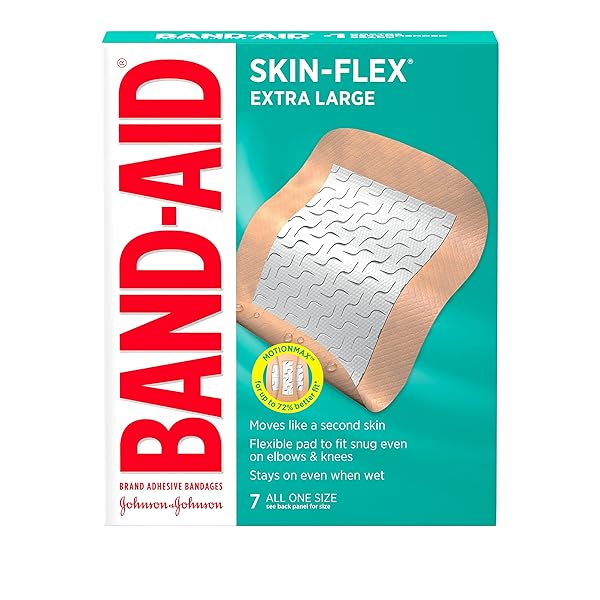 BAND-AID BRAND SKIN-FLEX ADHESIVE BANDAGES FOR FIRST AID AND WOUND CARE OF MINOR CUTS AND SCRAPES & BURNS, FLEXIBLE STERILE BANDAGES FOR FINGERS & KNEES, EXTRA LARGE, ALL ONE SIZE, 7 CT