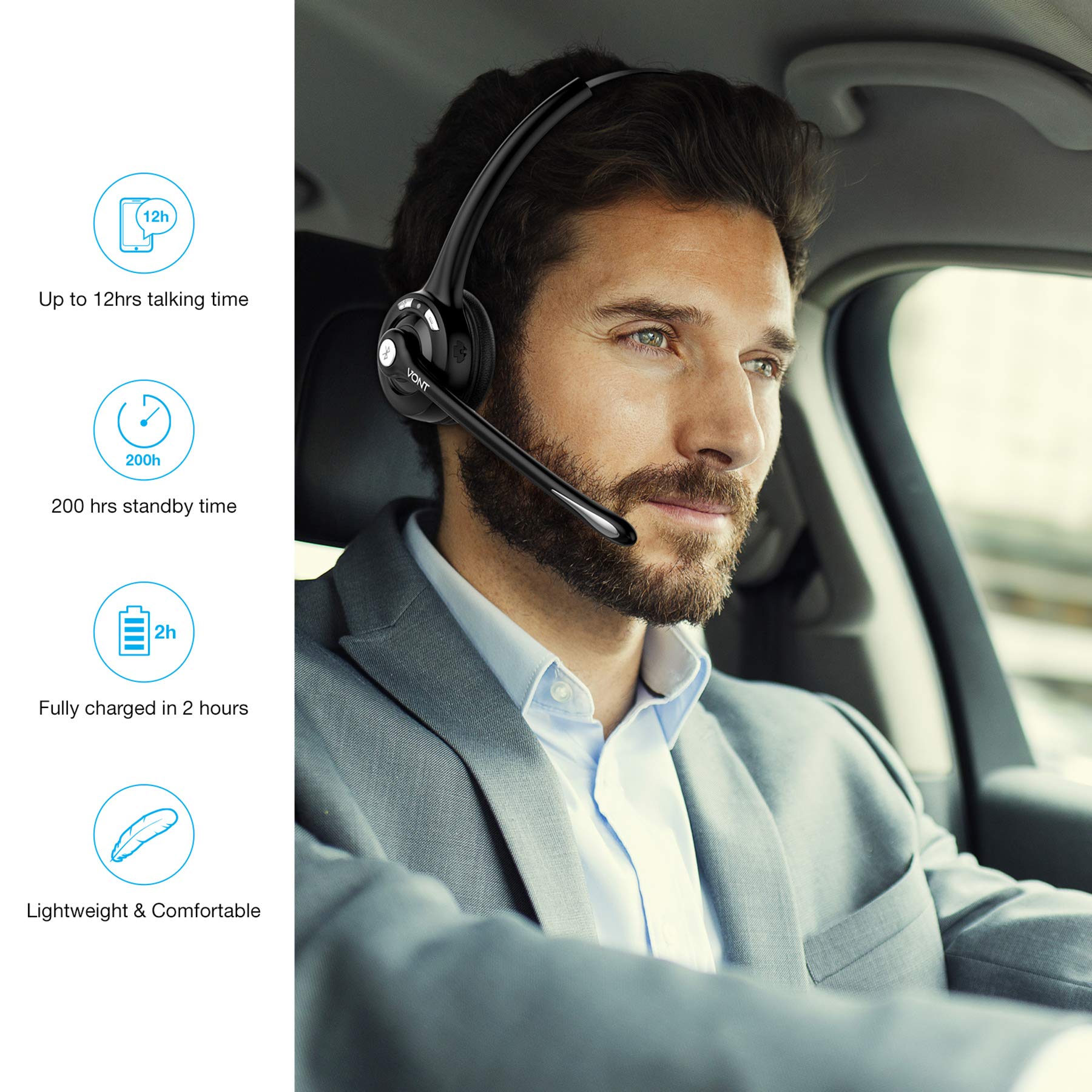 Bluetooth Headset with Microphone, Wireless Headset, Bluetooth Headphones with Mic, Portable Phone Headset, Headsets Suitable for VOIP, Skype, Call Centers, Offices, Truckers/Truck Drivers - Vont