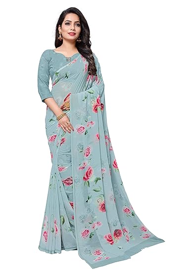 Fevinaa Womens Georgette Digital Printed Saree with Blouse Piece - Off white