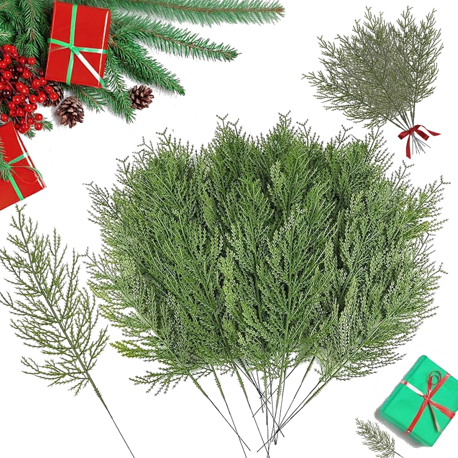 RXKFIGX 50 Pcs Artificial Plants Pine Needles Branches Fake Pine Sprigs Green Faux Artificial Pines Branches Green Leaves Needle for DIY Crafts Christmas Embellishing and Home Holiday Decoration