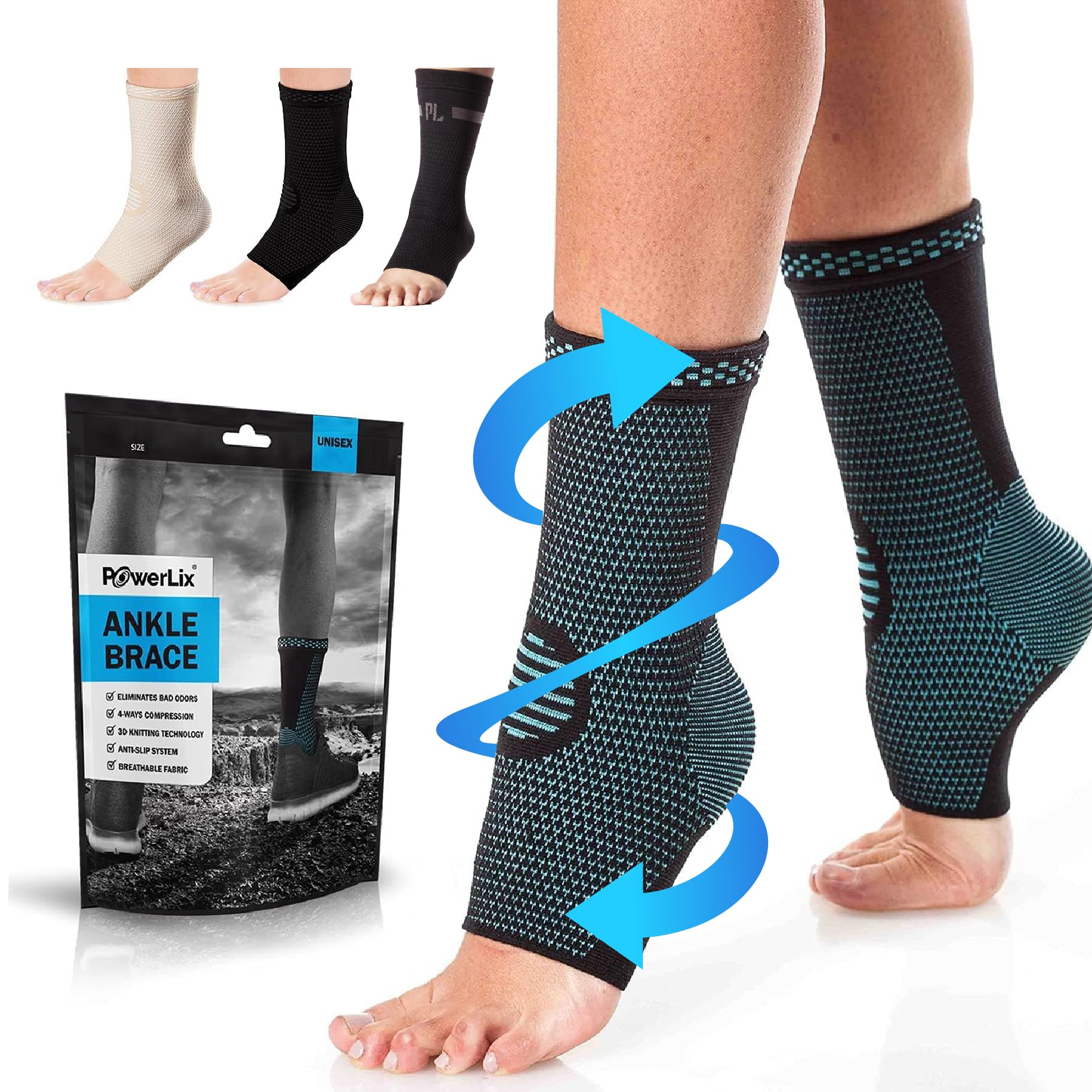 POWERLIX Ankle Support Brace 2 Pack, Ankle Brace for Men/Women/Kids, Support for Ligament Damage, Sports Protect, Injury Recovery, Plantar Fasciitis Foot Socks with Arch Support, Blue, L — image 1