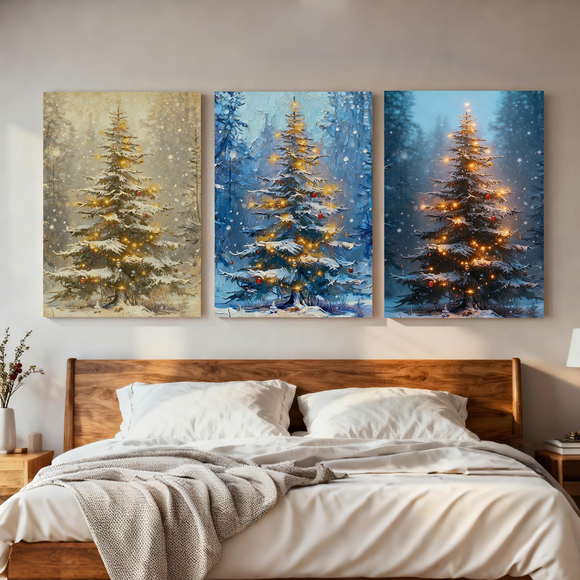 Framed Christmas Pictures Wall Decor,Vintage Pine Tree Prints,Winter Christmas Canvas Wall Art Decoration for Bedroom Bathroom Living Room Rustic Xmas Holiday Gifts (11'' X 14'')