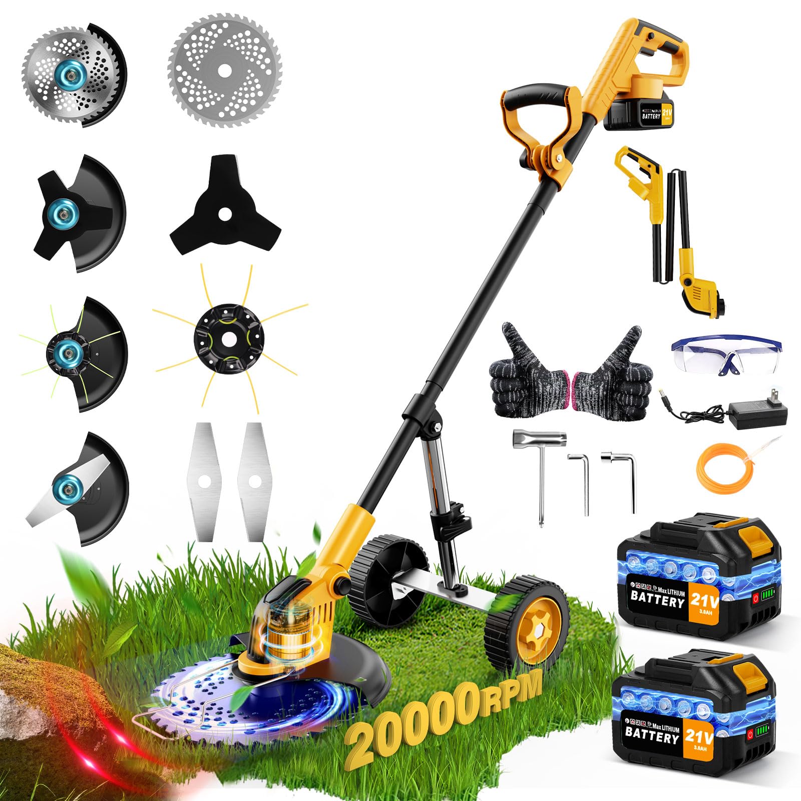 Photo 1 of 20000 RPM Electric Stringless Weed Wacker, Cordless Weed Eater Battery Powered 6000mAh, 4-in-1 Brush Cutter Heavy Duty/Weed Trimmer/Lawn Mower Edger W/Wheel Metal Blade, 2 Battery Garden Yard Tool