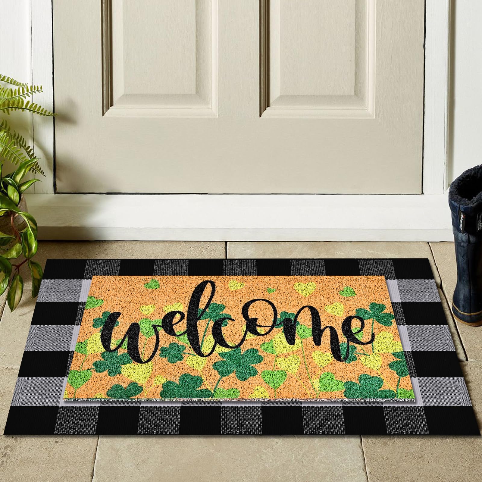 2 Pack St Patricks Day Door Mat Combo Set - 17 x 30 Inch Lucky Clover Welcome Mat + 28 x 43 Inch Black and White Plaid Rug, Non-Slip Holiday Collection Doormat for Front Porch Entryway Decor - Image 3
