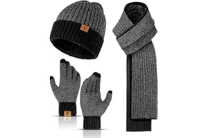 Honnesserry Men's Winter Beanie Hat Warmer Long Scarf Touchscreen Gloves Knit Skull Cap Set for Men Women 3PCS Black&Grey