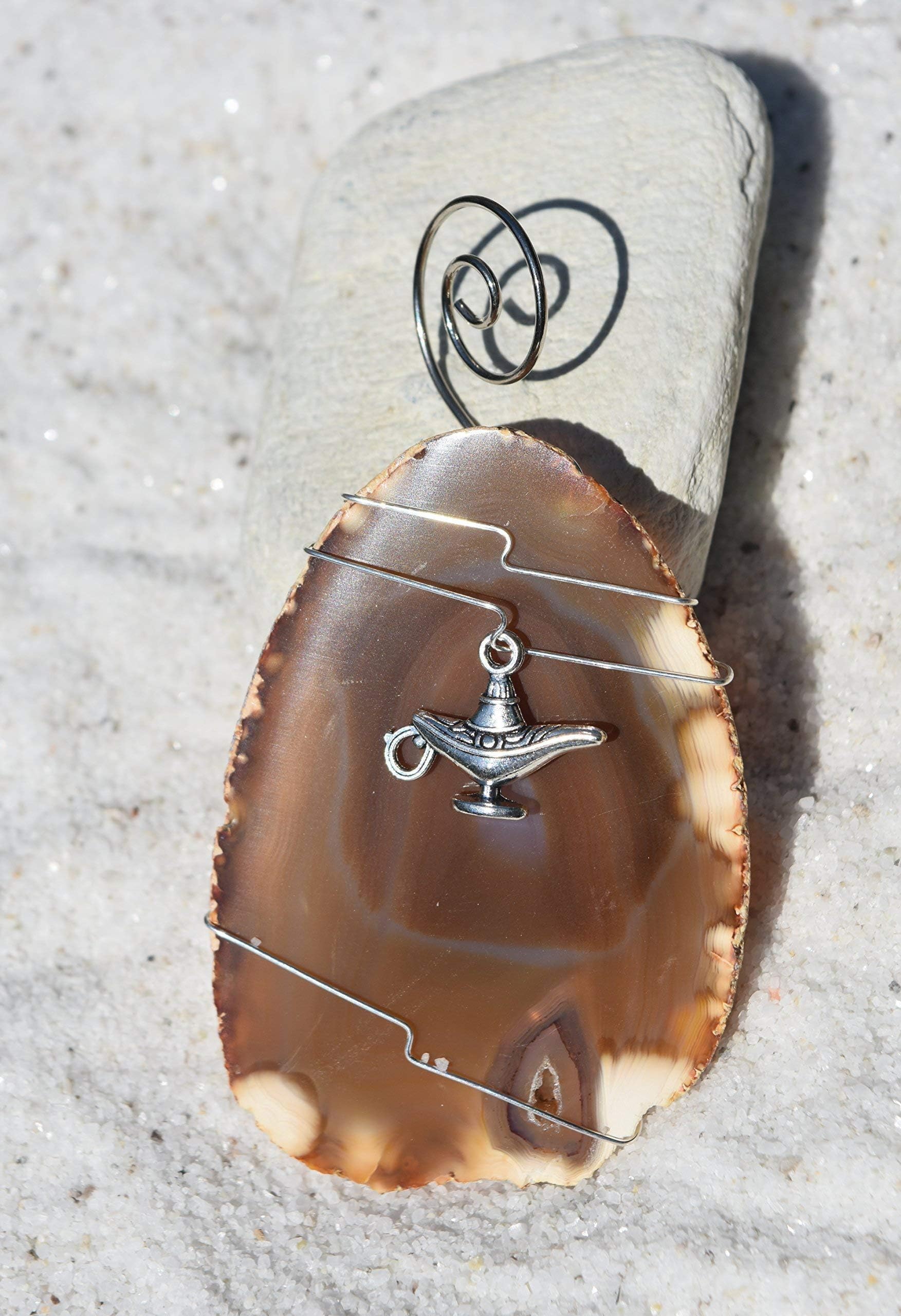 Custom Handmade Agate Slice Ornament with Silver Genie Lamp Charm - Choose Your Agate Slice Color: - Aqua, Pink, Purple, Blue, or Natural
