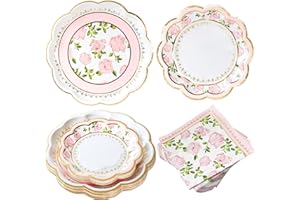 Kate Aspen Vintage Pink Floral Tea Party 62 Piece Party Tableware Set (16 Guests), Paper Plates & Napkins for Weddings, Brida