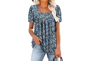 BETTE BOUTIK Womens Summer Tops Short Sleeve Pleated Square Neck Tunics Shirts Blouses S-3XL