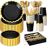 Sliner 700 Pcs Disposable Dinnerware Set Plates and Napkins Party Supplies Sever 100 Guests Gold Rim Plates Cups Gold Plastic Knives Spoons Forks Golden Dot Napkins Wedding Graduation Birthday (Black)
