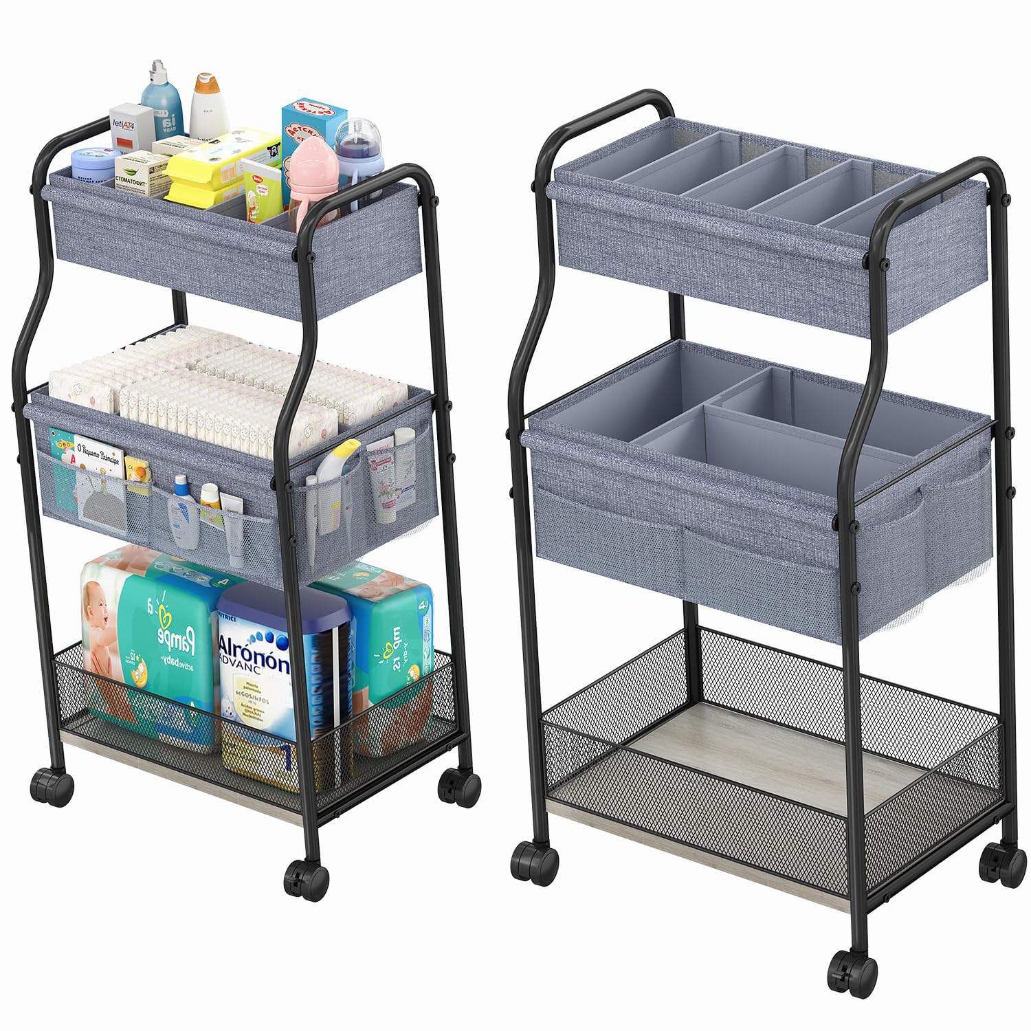 Photo 1 of 3-Tier Baby Diaper Caddy Organizer and Storage Cart, Mobile Metal Utility Cart with Rolling Wheels for Nursery Essentials with 4+2 Dividers, Large Capacity Rolling Cart For Bedroom, Bathroom, Nursery