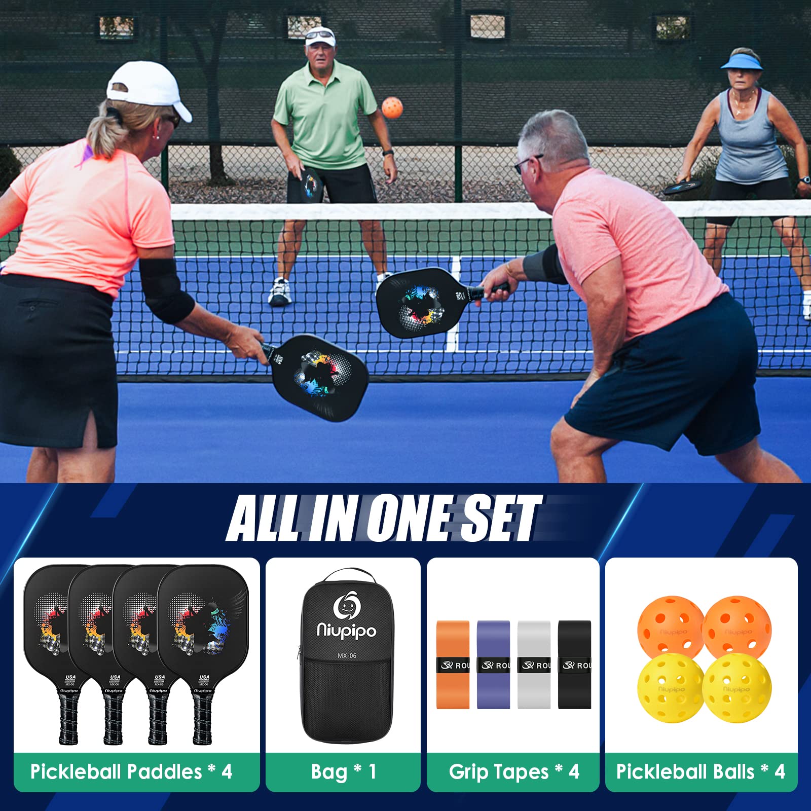 niupipo Pickleball Paddles Set of 2/4/1, USAPA Approved Graphite Carbon Fiber Pickleball Rackets, Polypropylene Honeycomb Core, Cushion 4.72In Grip, Bag/Cover, Pickle Ball Paddle Set for Men Women