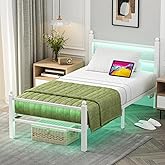 Jenmit Twin Size Bed Frames with Charging Ports&amp;LED Lights,Heavy Duty Metal Slats Support,No Box Spring Needed,Noise Free,No Squeak,Easy Assembly,for Girls Kids,White