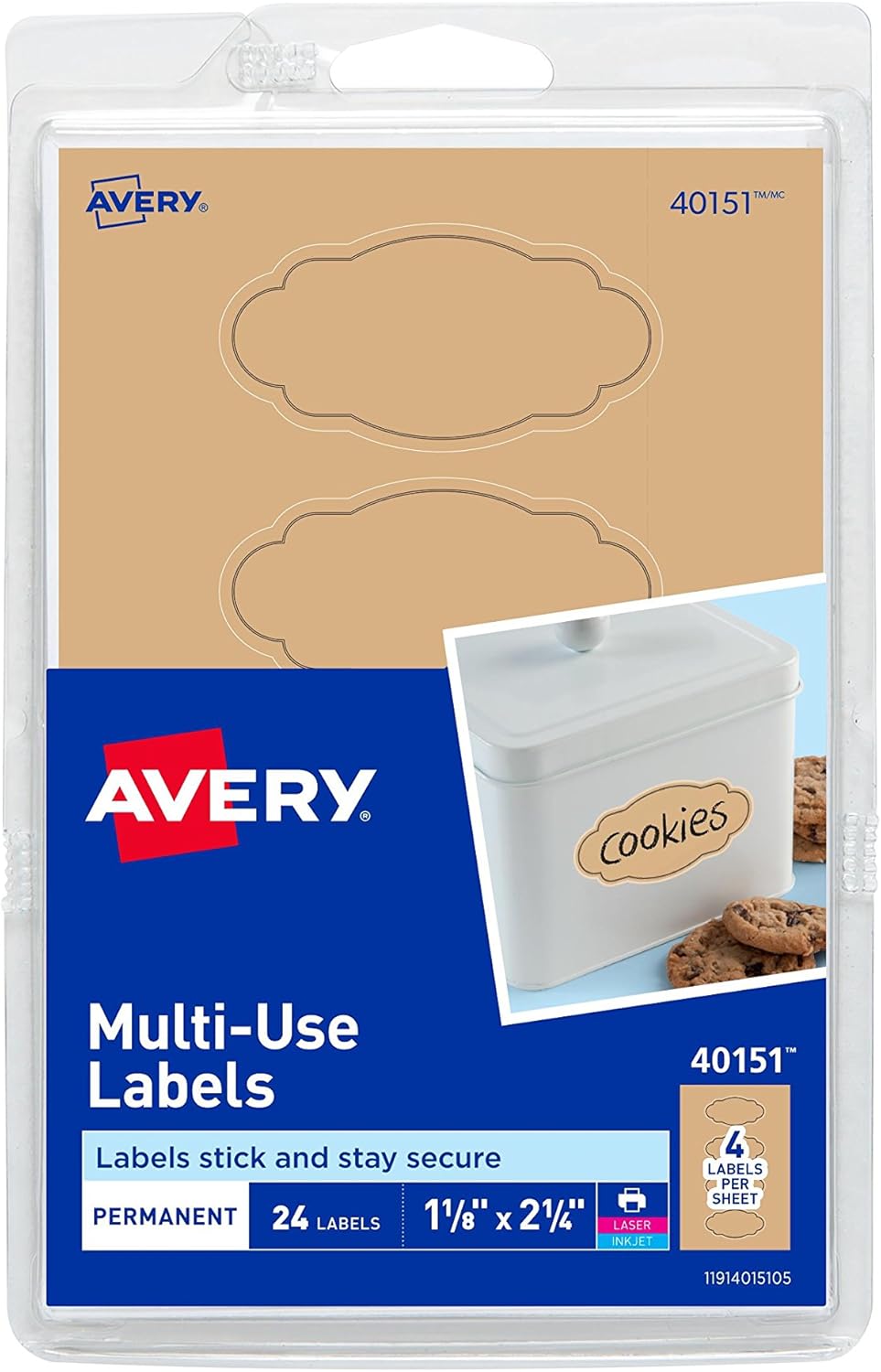 Avery MultiUse Labels, Kraft Brown Oval Scroll 11/8" x 21/4", Pack
