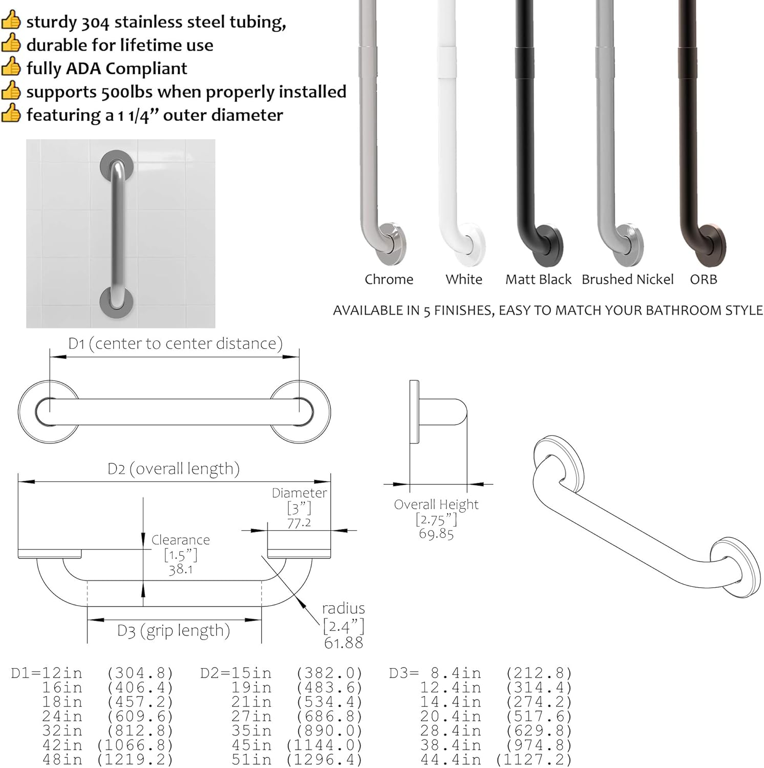 AmeriLuck Stainless Steel Bath Grab Bar, ADA 500lbs Loading Capacity, Brushed Nickel, 12in | 2 Pack: Health & Personal Care
