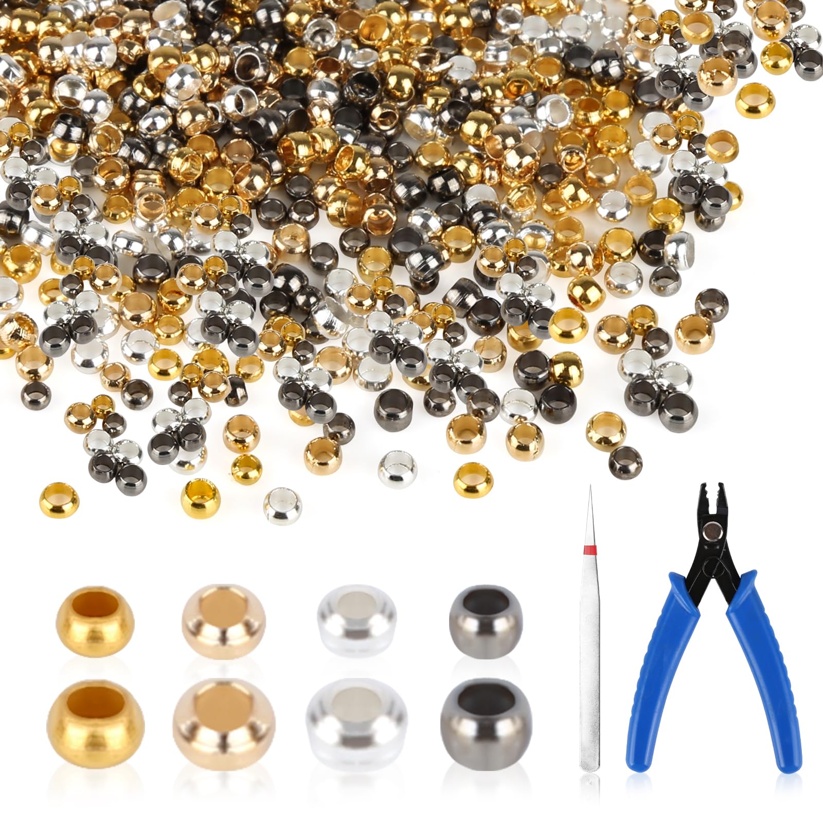 Pack of 1600 Crimp Beads, 2 mm 2.5 mm Mixed Round Crimp Beads, Gold Silver Black Beads Loose Beads Spacer with Tweezers Pliers and Box for Jewellery Making End Cap Bracelets Necklaces, Bead Kit