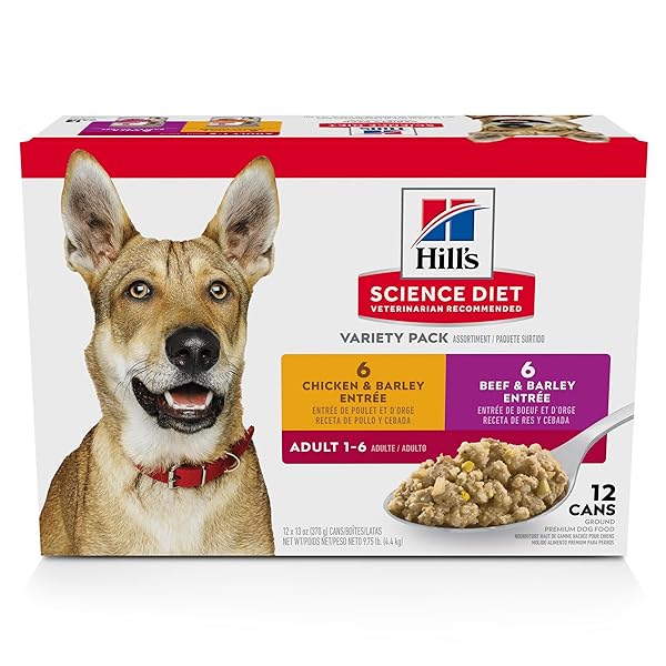 HILL’S SCIENCE DIET ADULT 1-6, ADULT 1-6 PREMIUM NUTRITION, WET DOG FOOD, VARIETY PACK: CHICKEN & BARLEY; BEEF & BARLEY LOAF, 13 OZ CAN VARIETY PACK, CASE OF 12