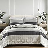 SOElinens Striped Quilt King Size - Black White Quilt Set with Matching Shams, Vintage Vine Design Farmhouse Bedding Bedspread, 3 Pieces 100% Cotton Lightweight Coverlet Home Decor for All Season