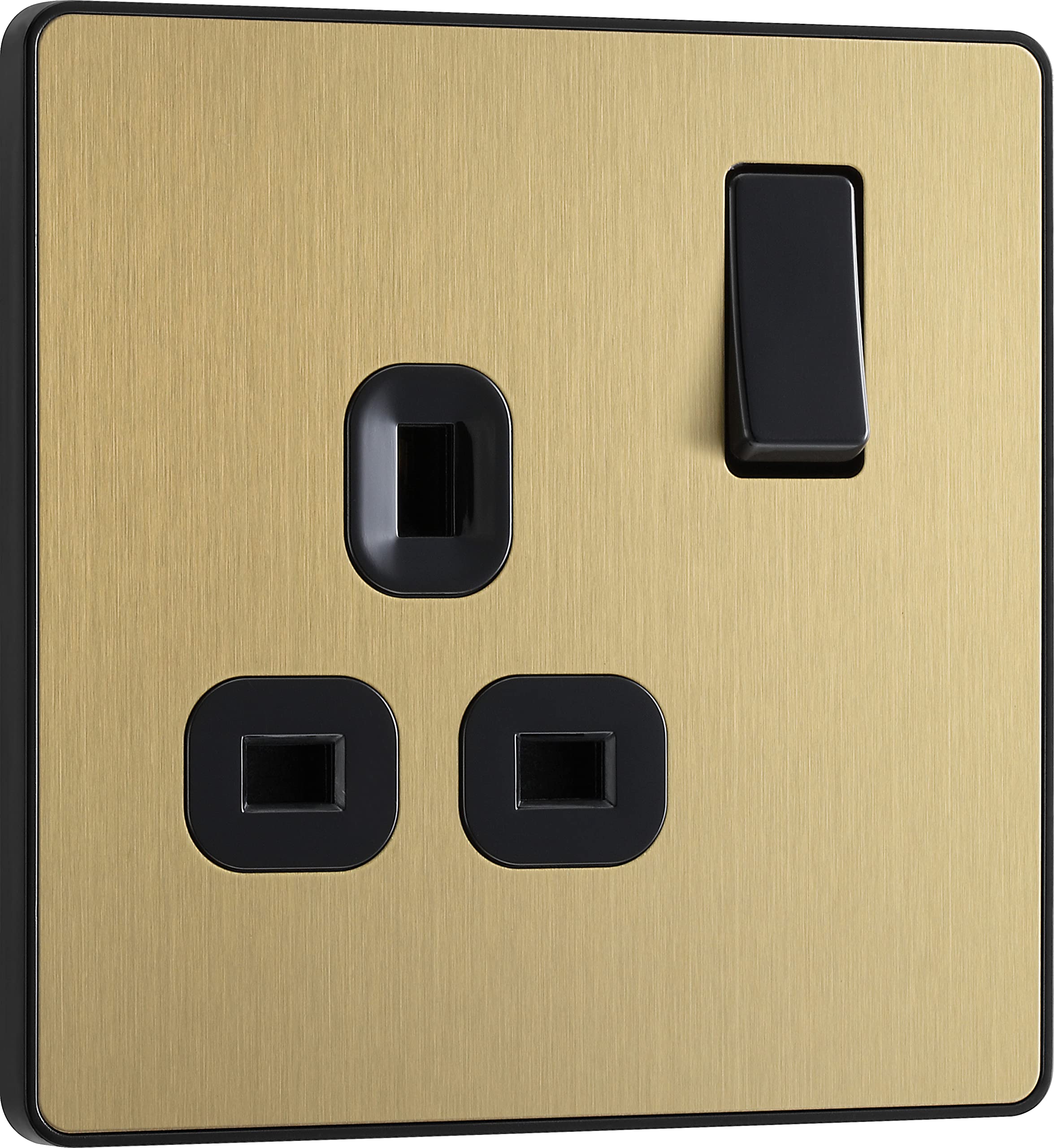 BG Electrical Single Switched Power Plug Wall Socket, Screwless Front Plate, Round Edges, Evolve, Satin Brass, 13A, PCDSB21B