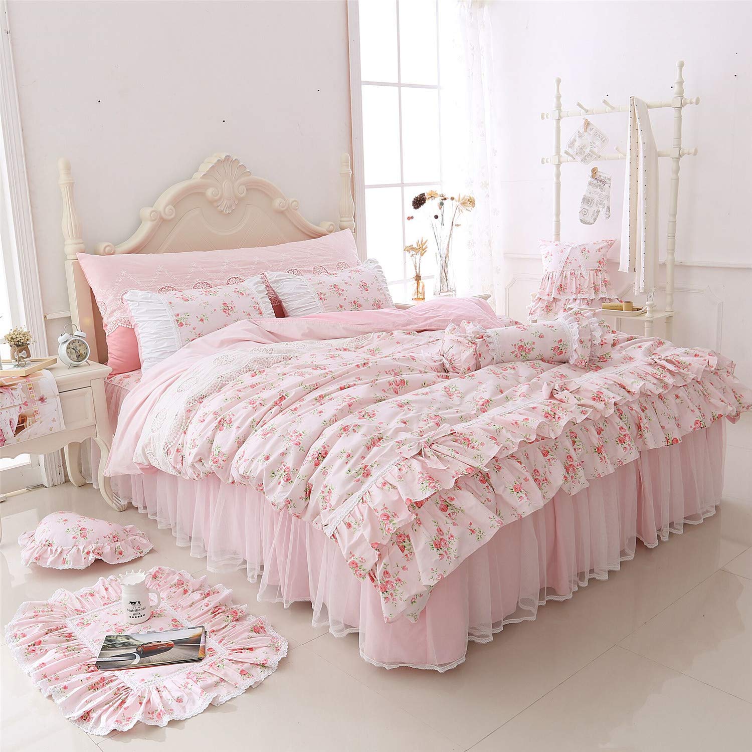Photo 1 of LELVA Romantic Roses Print Duvet Cover Set with Bed Skirt Pink Lace Ruffle Floral Shabby Chic Bedding Sets California King 4 Piece