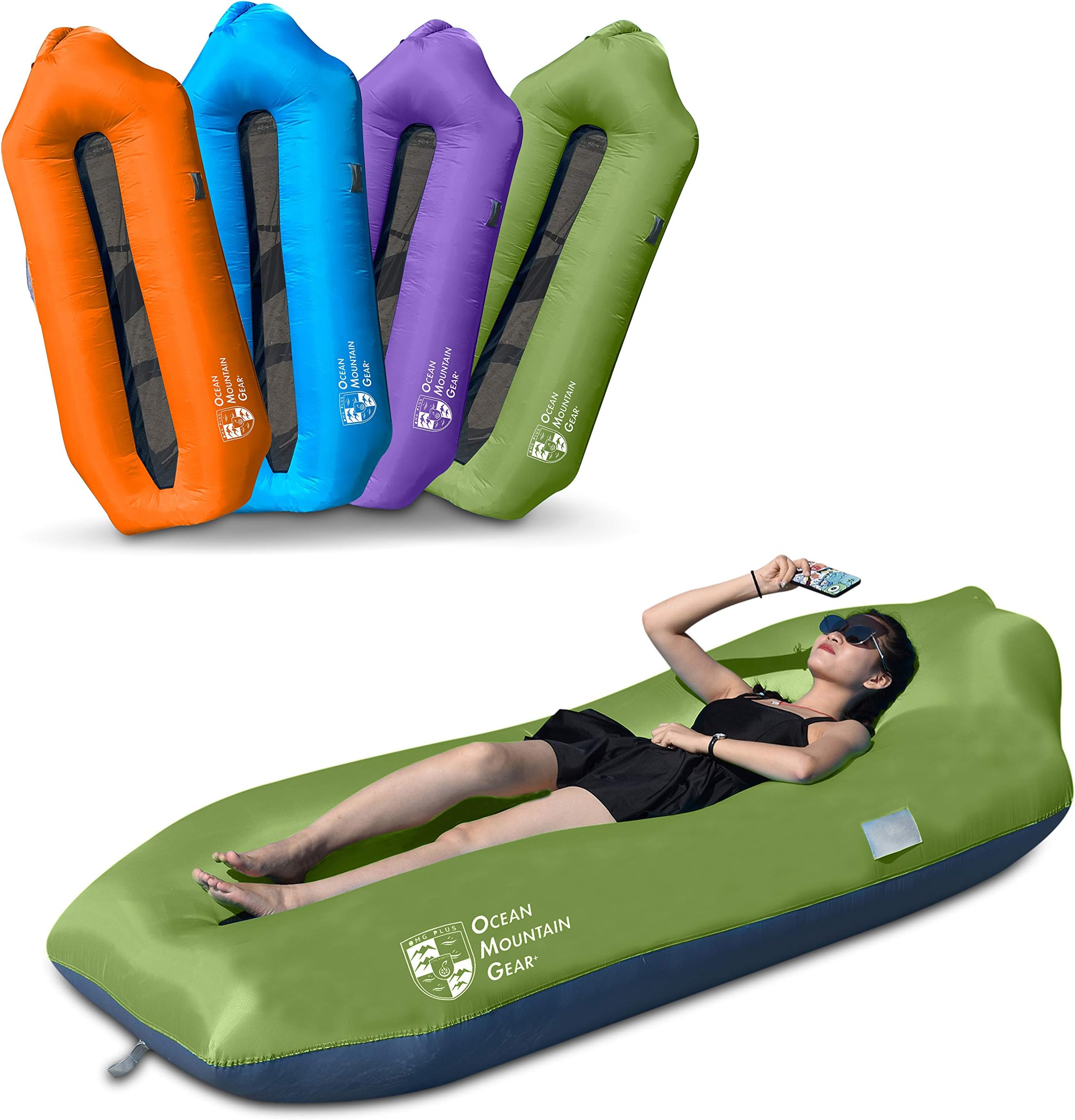 OMG Plus Ocean Mountain Gear+ Inflatable Chair Air Lounger Sofa, Waterproof Ripstop Nylon for Pool Float, Beach, Festival, Backyard and Outdoor Use, Lightweight and Portable