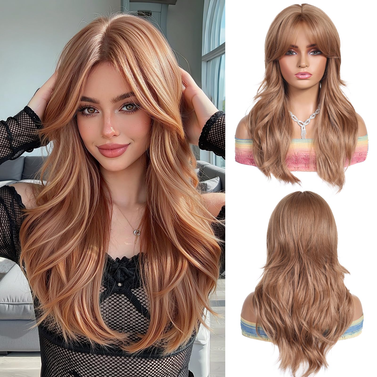 OUFEI Long Strawberry Blonde Wig With Curtain Bangs Natural Wavy Wigs for Women Natural Synthetic Hair Heat Resistant Wigs for Daily Party Cosplay Wear — image 1