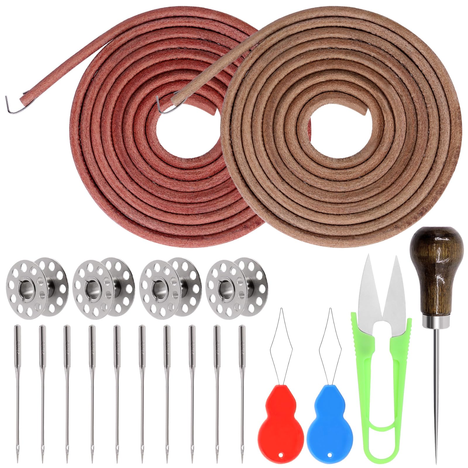 Tanstic 20Pcs Sewing Machine Belt Kit, 72 x 3/16 Inch Sewing Machine Leather Belt Treadle Parts with Hook, Sewing Bobbins, Needles & Threader, Awl, Scissor Compatible with Singer/Jones Sewing Machine