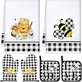 Bencailor 6 Pcs Bee Kitchen Towels Oven Mitts and Pot Holders Dish Towels Non Slip Heat Resistant Oven Gloves for Spring Summer Baking Cooking Supplies(Black and White,Bee)