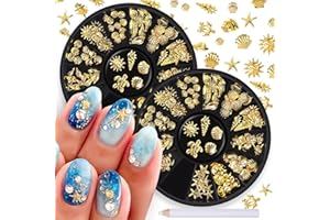 HYWWPFLAY 2 Disc 3D Gold Nail Charms, Beach Starfish Sea Seashell Nail Art Studs Rivet Alloy 3D Nail Gems Metallic Jewelry Decoration for Manicure DIY Nail Accessories (12 Style-Ocean)