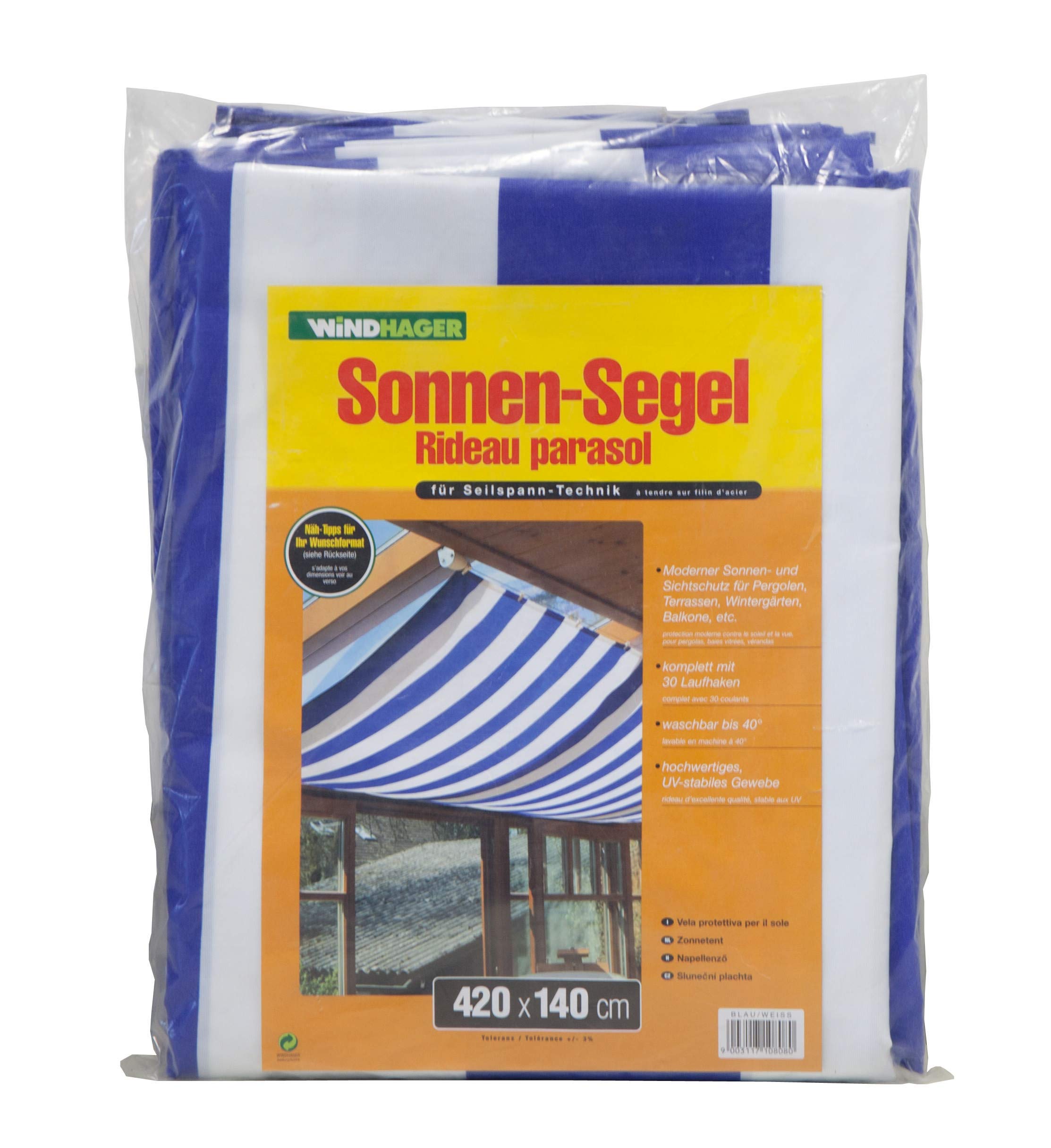 Windhager rope-pull sun sail, blue/white, 420 x 140 cm