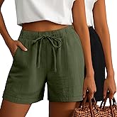 Riyiper 2 Pack Casual Linen Shorts for Women, Drawstring Elastic Waist Split Side Summer Line Comfy Lounge Short with Pocket