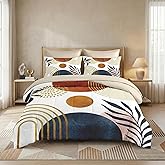 WeCozy 7 Pcs Full Size Comforter Set with 2 Pillowcases & 2 Shams, Mid Century Bedding for Adults, Sun Boho Geometric Leaf Bed in a Bag with Flat Fitted Sheet
