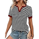 SweatyRocks Women's Striped V Neck T Shirts Short Sleeve Casual Tees Summer Tops