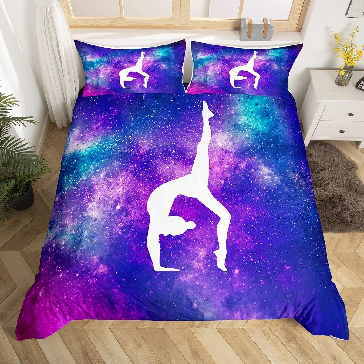 Homewish Gymnastic Bedding Set For Girls Women Gift Gymnastics Lovers Duvet Cover Purple Galaxy Bedspread Cover Tie Dye Glitter Blue Purple Comforter Cover 3 Pieces Double Size