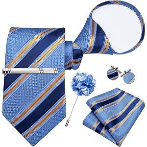 Mens Classic Stripe Tie Set Jacquard Woven Silk Necktie and Pocket Square Cufflinks Set for Party