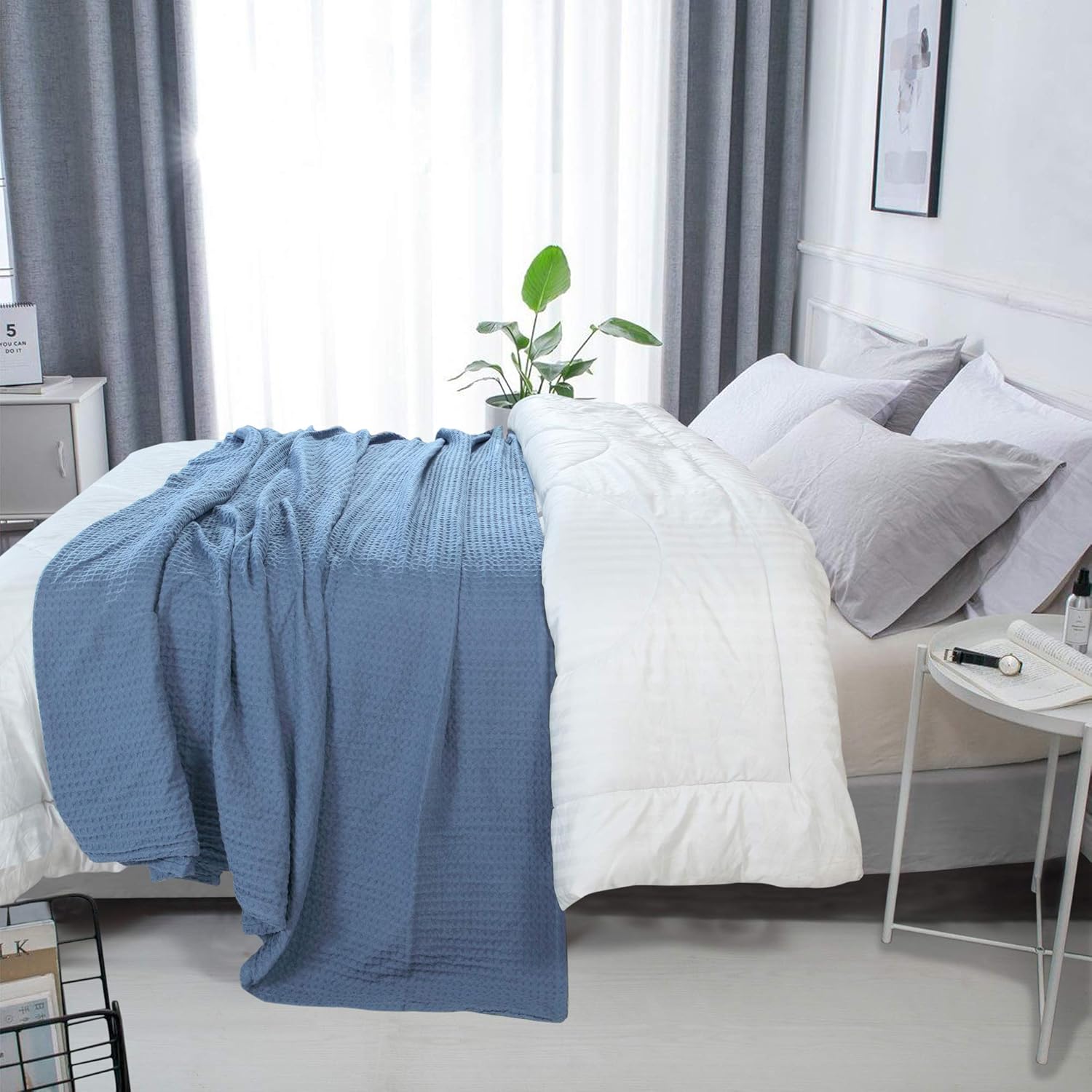 HILLFAIR 100% Combed Cotton Blanket–102x108 Inch California King Size Bed Blankets– Warm Soft All Season Breathable Blankets– Extra Large Oversized California King Blanket- Sky Blue Cotton Blankets: Home & Kitchen