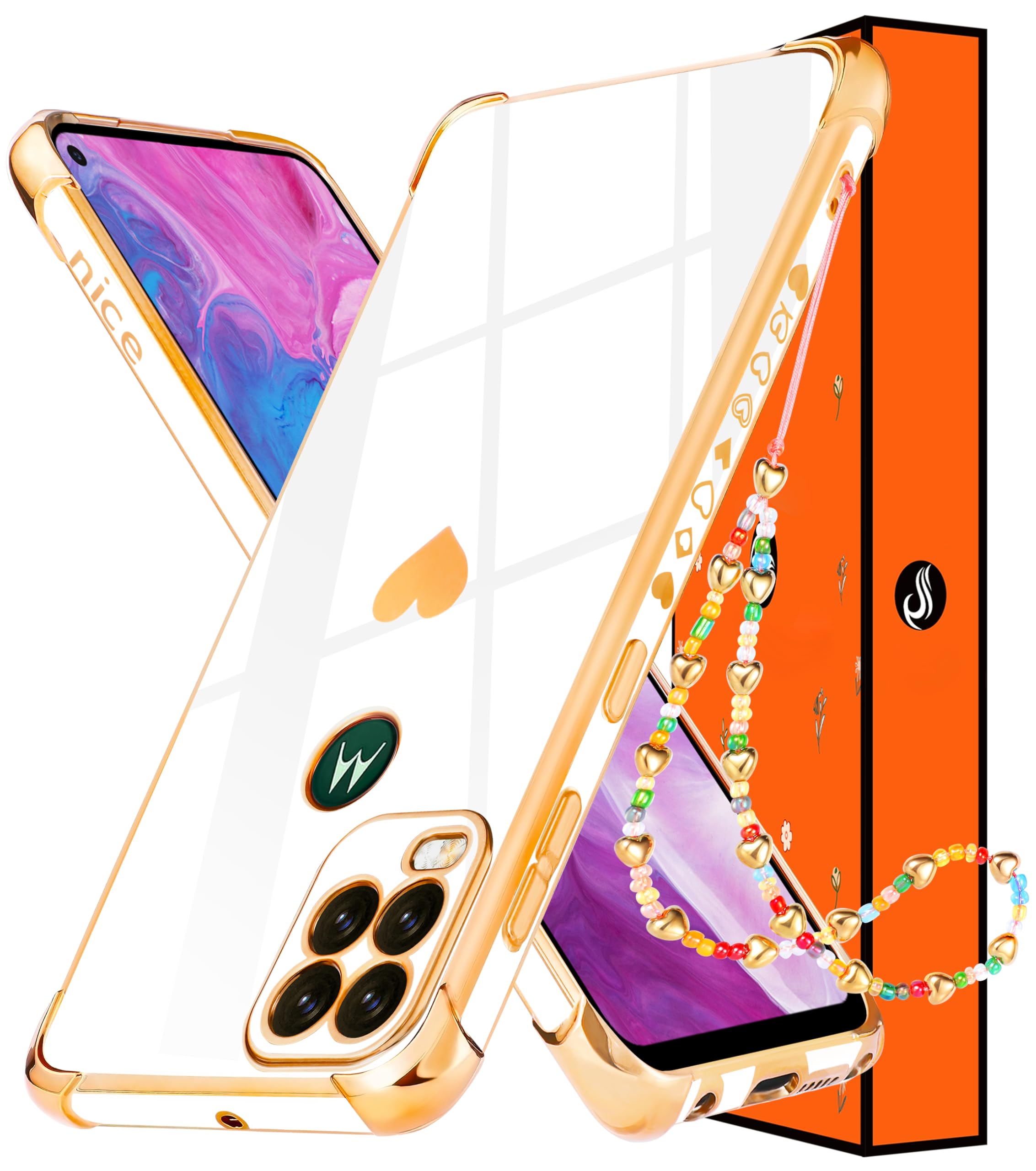 Photo 1 of Shorogyt for Moto G Stylus 5G 2021 Heart Case Women Cute Aesthetic Love Hearts Pattern Girls White Gold Luxury Girly Design Phone Cases Cover+Screen+Chain for Motorola G Stylus 5G 2021 6.8 Inch
