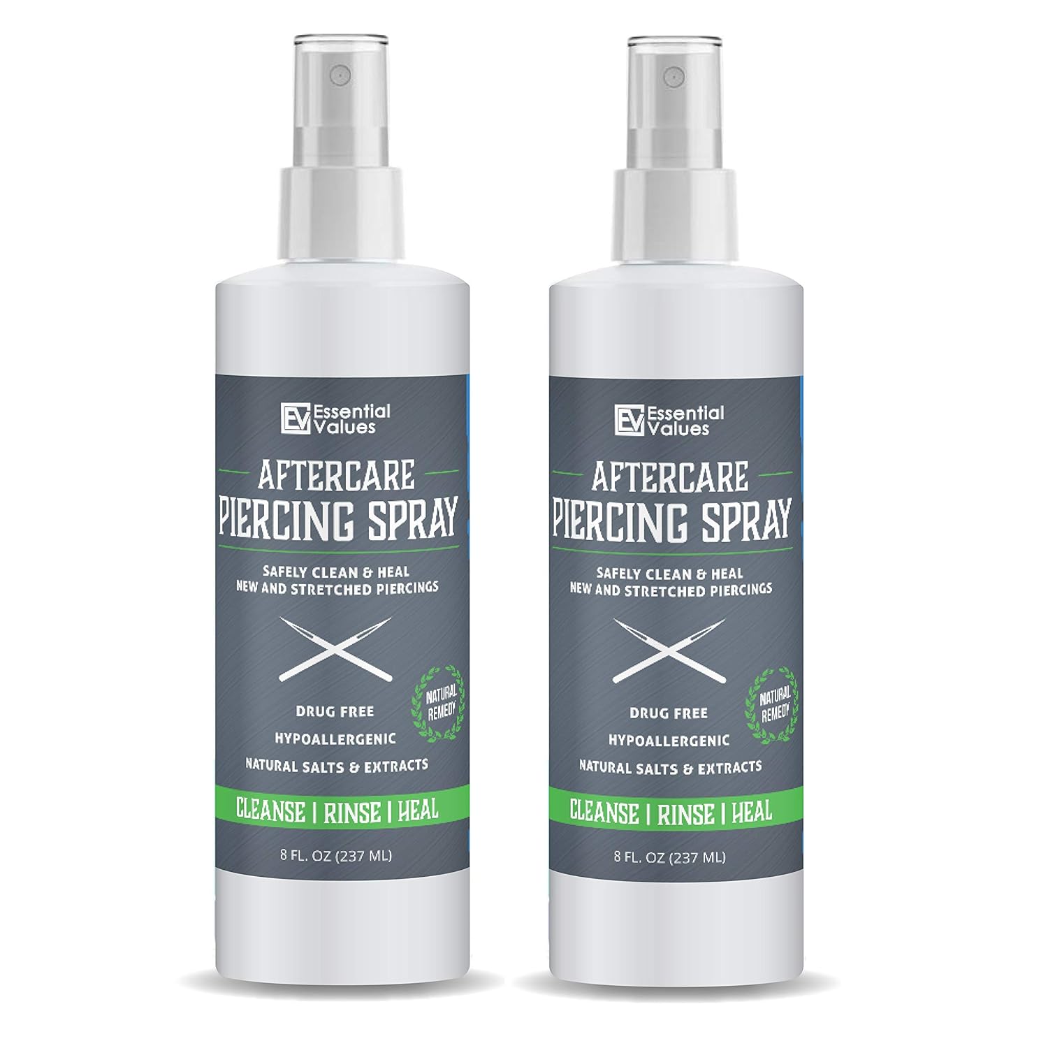 2 PACK Essential Values Piercing Aftercare Spray (8 fl oz), Made from the Finest Salts & Aloe Vera - Natural & Gentle Solution on Contact | Disinfect & Heal Piercing Wounds - Made in USA