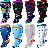Croknit 8 Pairs Plus Size Compression Socks for Women Men 20-30 Mmhg Wide Calf Extra Large Knee Support Socks for Nurse Running Circulation