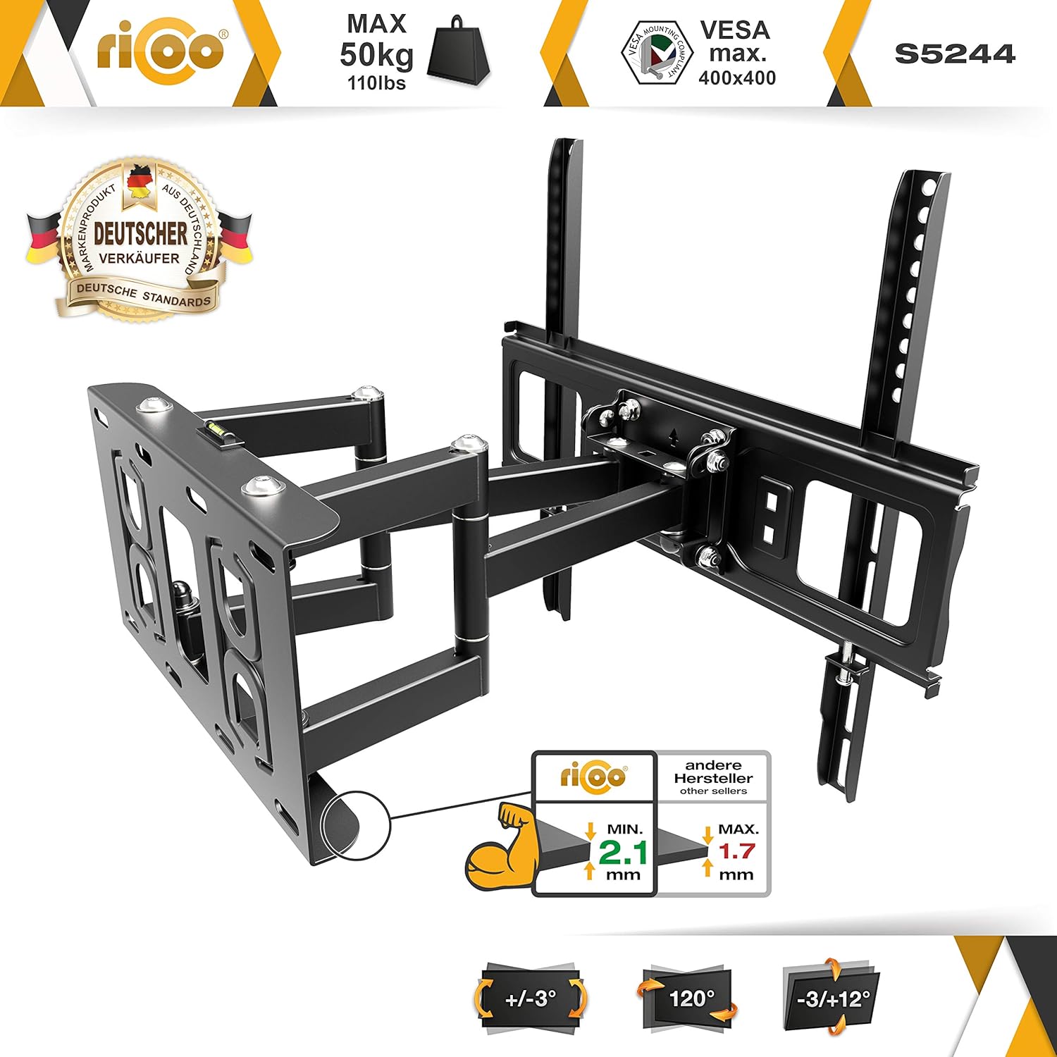 RICOO TV Wall Mount Tilt Swivel approx 32-55 Inch S5244 Bracket for LED LCD OLED Curved and Flatscreens Universal for VESA 200x200-400x400 - Image 3