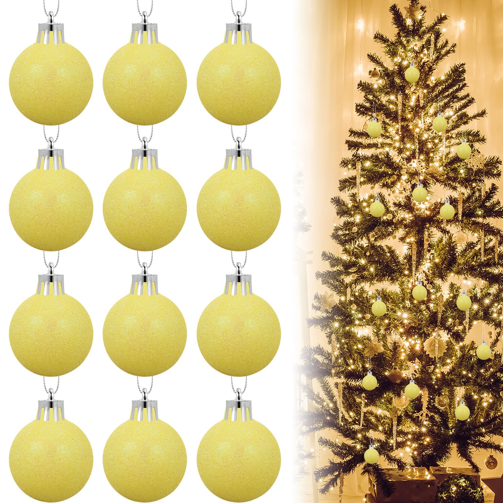 Photo 1 of 12 Pcs Yellow Christmas Balls - 1.96 Inch Hanging Decorations for Xmas Tree & Festival Decor