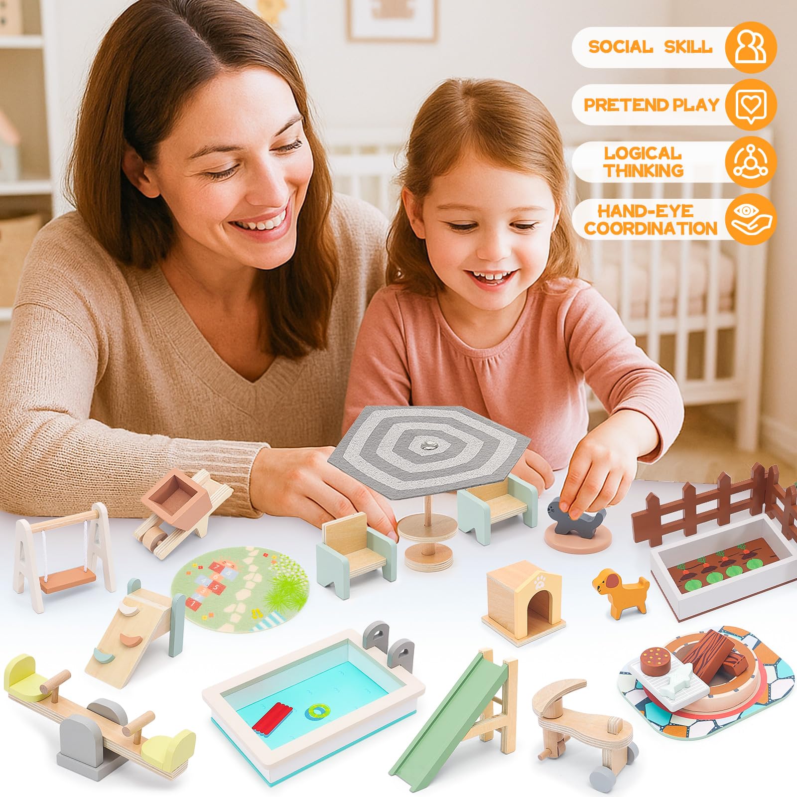 Wooden Doll House Furniture and Accessories Outdoor Play Set for Kids- Includes Slide, Swing, BBQ Grill, Pool & Garden - Perfect Doll House Decor Gift for Children 3-6 Years Birthday Christmas