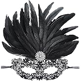 Zinniday Halloween Masquerade Masks for Women - 1920s 50s Antique Lace Feather Venetian Mask for Carnival Party Prom