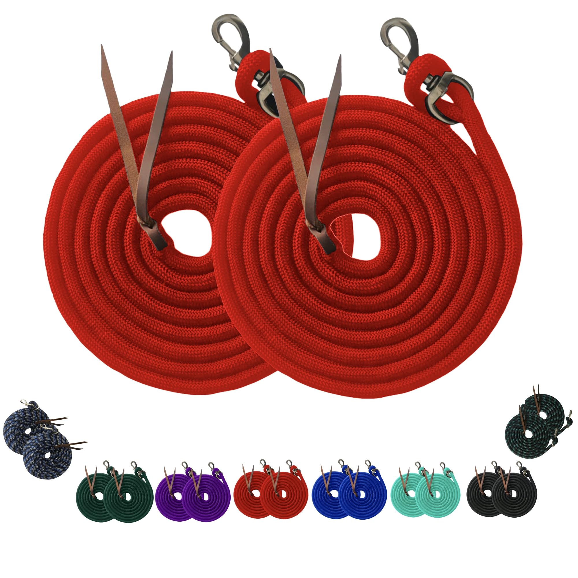 Majestic Ally 14' Pack of 2 Poly Training Lead Rope with Leather Popper for Horses & Livestock – 14 Foot Long and 5/8 inch Thick - Replaceable Heavy-Duty Bolt Snap (Red)