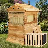 Bee hive, Starter Kit Include 7 Brood Frames and 7 Auto Frames | Natural Wood Bee Hives Boxes with Observation Windows and Self-Flow Device